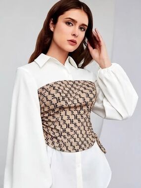 White Blouse with Beige Patterned Bustier